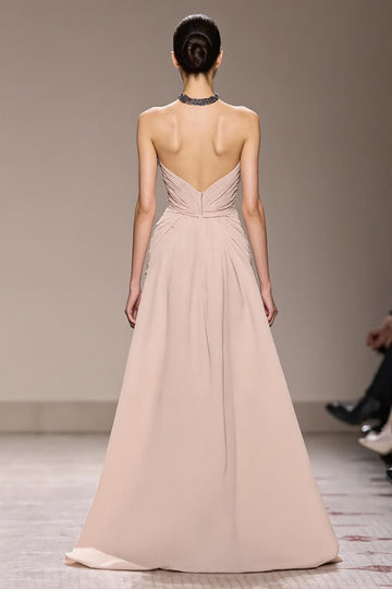 Robe de soirée longue dos nu en satin champagne avec perles